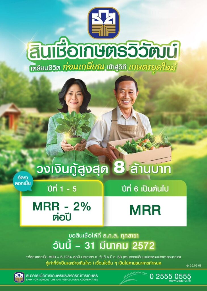 ธ.ก.ส. จัด "สินเชื่อเกษตรวิวัฒน์" หนุนวัยใกล้เกษียณกู้ซื้อที่ดินทำการเกษตร 8 ล้านบาท