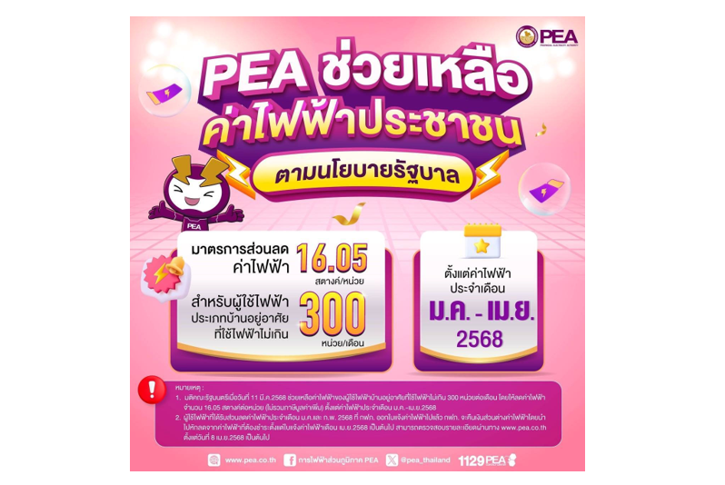 PEA ลดค่าไฟฟ้า 16.05 สตางค์ต่อหน่วย สำหรับผู้ใช้ไฟฟ้าประเภทบ้าน