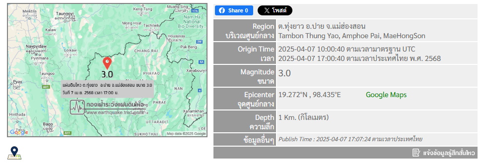 แผ่นดินไหวขนาด 3.0 ที่ต.ทุ่งยาว อ.ปาย จ.แม่ฮ่องสอน วันที่ 7 เม.ย. 2568