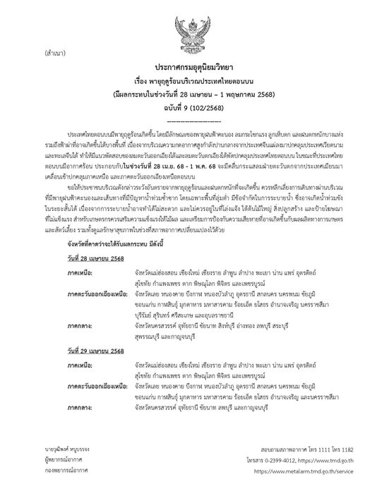 กรมอุตุฯ ประกาศฉบับที่ 9 เตือน พายุฤดูร้อน ถล่มไทยตอนบน