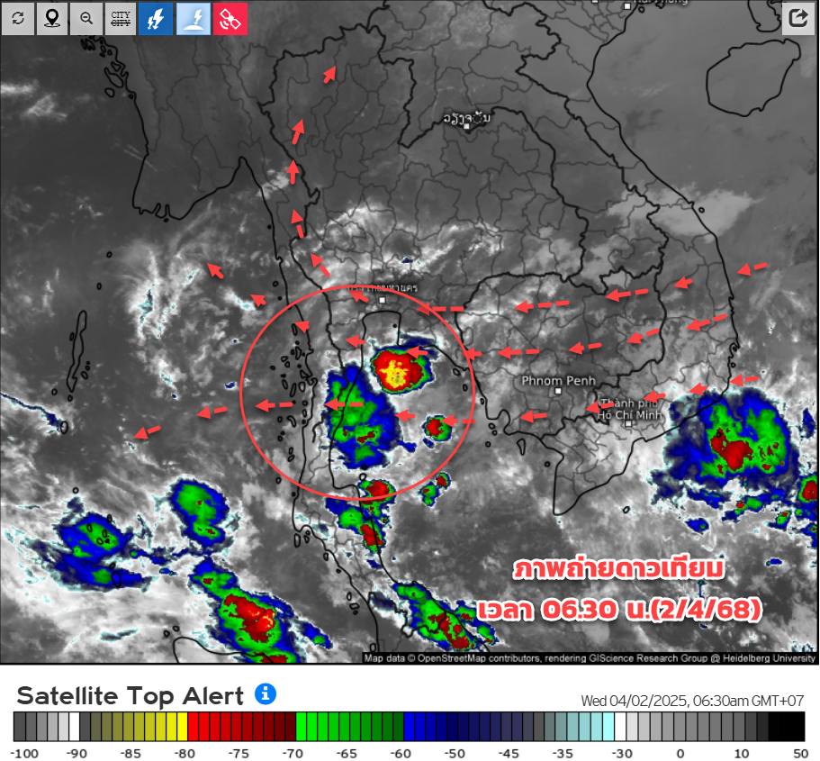 อัพเดต ภาพถ่ายดาวเทียมและเรดาร์ เวลา 06.15 น.(2/4/68) : ตรวจพบกลุ่มเมฆและฝนฟ้าคะนอง ปกคลุมตามแนวชายฝั่งภาคใต้ฝั่งอ่าวไทยบบริเวณ จ. ประจวบฯ ชุมพร นครศรีธรรมราช ปัตตานี และนราธิวาส กำลังเคลื่อนตัวทางตะวันตก (ไปทางทะเลอันดามัน) ตามกระแสลมตะวันออกที่พัดปกคลุม ยังต้องระวังฝนฟ้าคะนอง ในระยะ 1-2 วันนี้