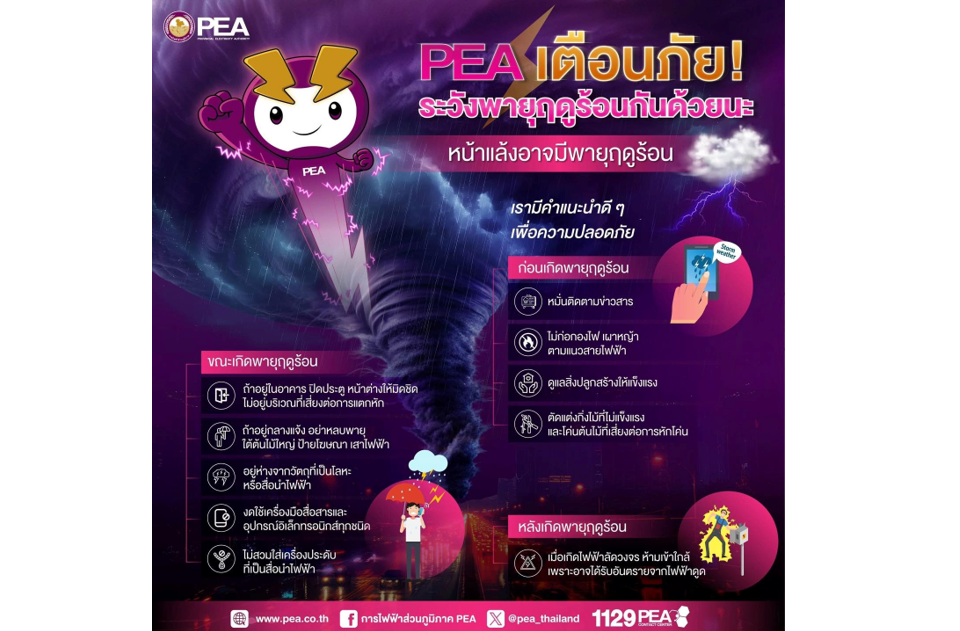 PEA เตือนภัย! ระวังพายุฤดูร้อน