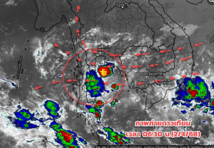 satellitr south thailand -2 apr 68 ภาพถ่ายดาวเทียมและเรดาร์ เวลา 06.15 น.(2/4/68) : ตรวจพบกลุ่มเมฆและฝนฟ้าคะนอง ปกคลุมตามแนวชายฝั่งภาคใต้ฝั่งอ่าวไทยบบริเวณ จ. ประจวบฯ ชุมพร นครศรีธรรมราช ปัตตานี และนราธิวาส