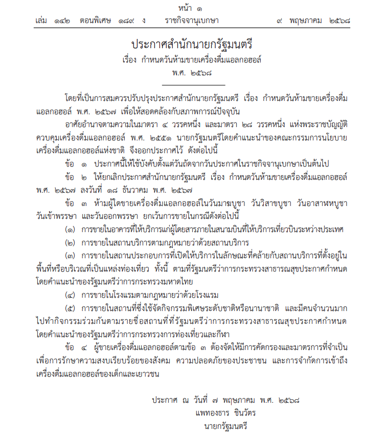 ประกาศสำนักนายกรัฐมนตรี กำหนดวันห้ามขายเครื่องดื่มแอลกอฮอล์ 2568