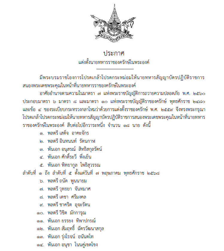 โปรดเกล้าฯ แต่งตั้งนายทหารราชองครักษ์ในพระองค์