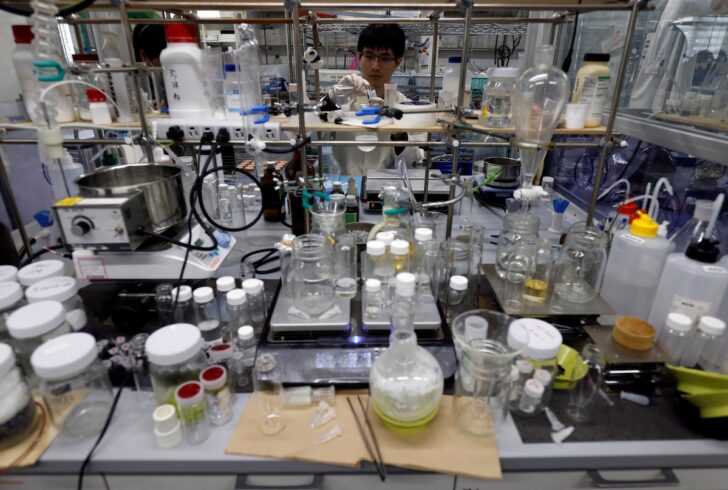 A researcher demonstrates the process of compounding the ocean-degradable plastic raw materials at the Center for Emergent Matter Science of Japanese research institution Riken in Wako A researcher demonstrates the process of compounding the ocean-degradable plastic raw materials at the Center for Emergent Matter Science of Japanese research institution Riken in Wako