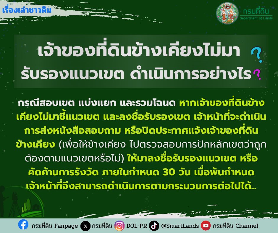 กรมที่ดิน แนะเจ้าของที่ดินข้างเคียงไม่มารับรองแนวเขต ดำเนินการอย่างไร