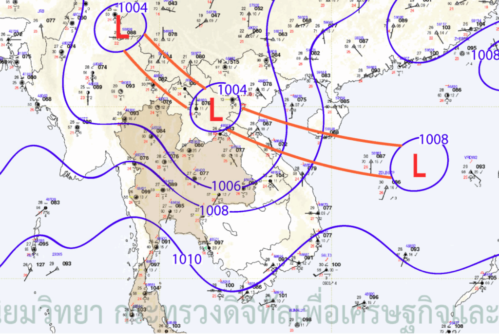 ร่องมรสุมกำลังอ่อนพาดผ่านประเทศลาวตอนบนเข้าสู่หย่อมความกดอากาศต่ำบริเวณประเทศเวียดนามตอนบน