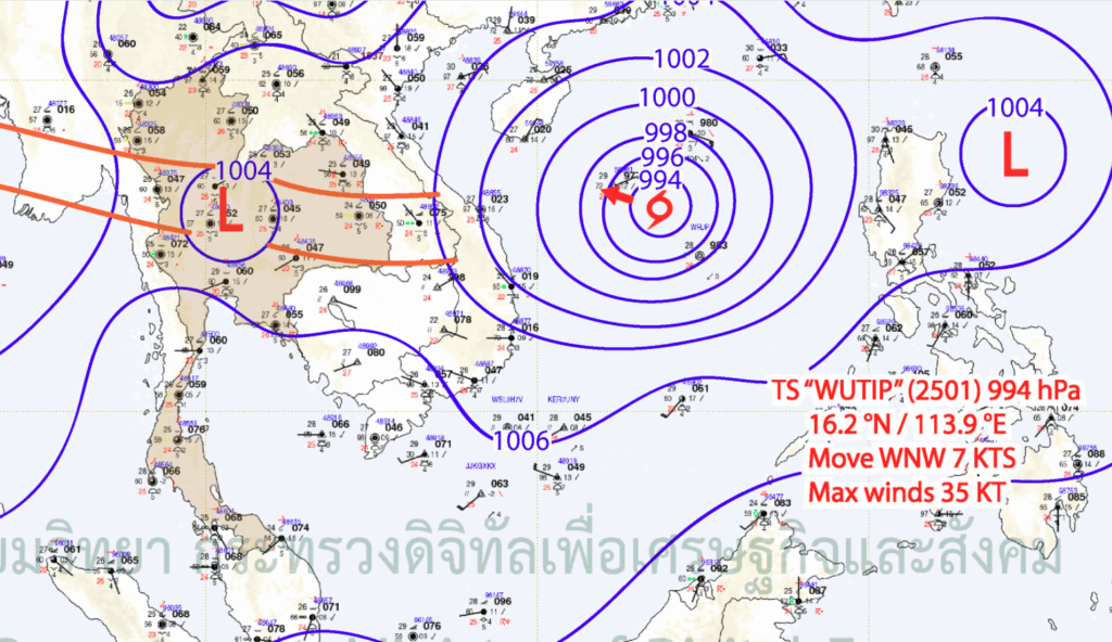 แผนที่อากาศผิวพื้น : ร่องมรสุมพาดผ่านภาคเหนือและภาคตะวันออกเฉียงเหนือตอนบน ประกอบกับมีพายุดีเปรสชันบริเวณทะเลจีนใต้