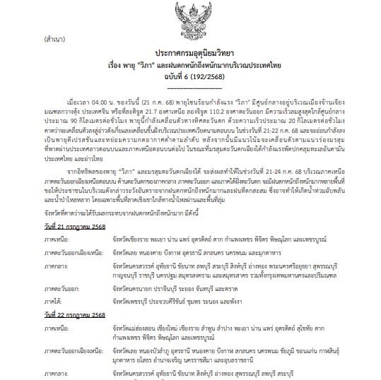 ประกาศเตือนฉบับที่ 6 พายุ "วิภา"