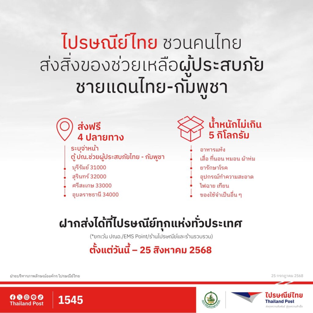 ไปรษณีย์ไทย ชวนคนไทยส่งสิ่งของช่วยเหลือ