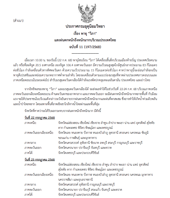 ประกาศเตือน พายุโซนร้อนกำลังแรง "วิภา" ฉบับที่ 11 