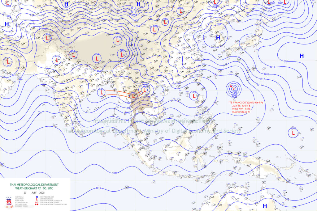อธิบายภาพแผนที่อากาศผิวพื้น : ร่องมรสุมพาดผ่านภาคเหนือตอนบน เข้าสู่หย่อมความกดอากาศต่ำกำลังแรงบริเวณประเทศลาวตอนบน และมีพายุโซนร้อน "ฟรานซิสโก" บริเวณมหาสมุทรแปซิฟิก