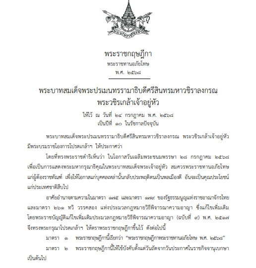 พระราชกฤษฎีกา พระราชทานอภัยโทษ พ.ศ.2568