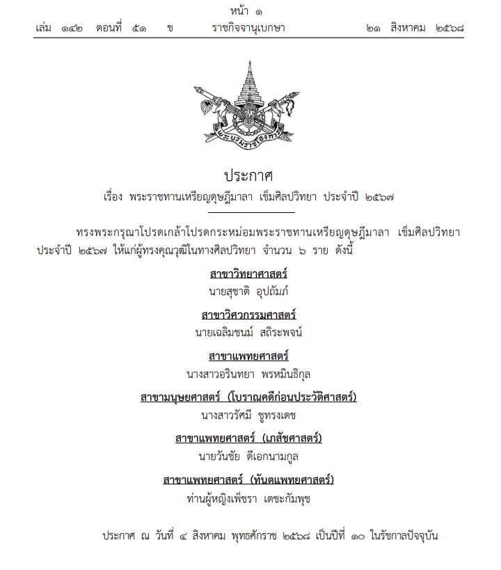 โปรดเกล้าฯ พระราชทานเหรียญดุษฎีมาลา เข็มศิลปวิทยา ประจำปี ๒๕๖๗