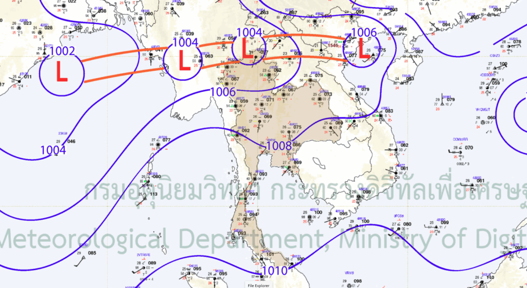 ร่องมรสุมพาดผ่านประเทศเมียนมาเข้าสู่หย่อมความกดอากาศต่ำบริเวณตอนบนของภาคเหนือ