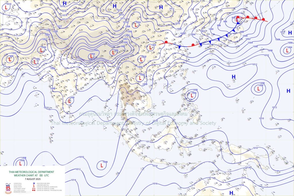 แผนที่อากาศผิวพื้น : มีหย่อมความกดอากาศต่ำปกคลุมบริเวณประเทศเวียดนามตอนบน