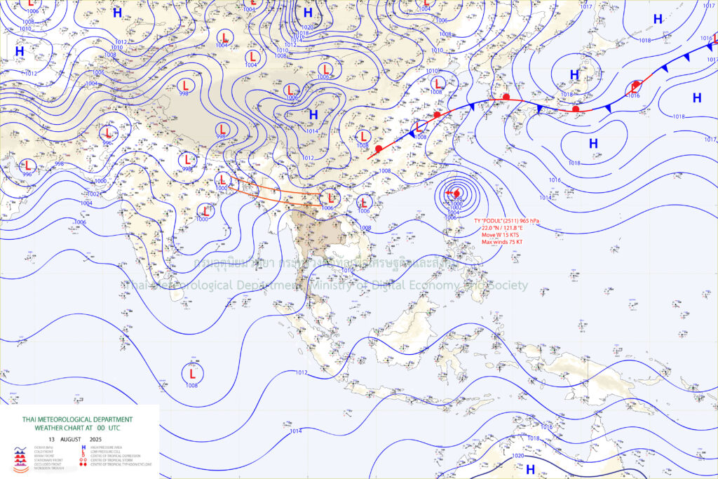 แผนที่อากาศผิวพื้น : ร่องมรสุมพาดผ่านภาคเหนือตอนบน เข้าสู่หย่อมความกดอากาศต่ำบริเวณประเทศเวียดนามตอนบน โดยมีพายุไต้ฝุ่น"โพดุล" บริเวณประเทศฟิลิปปินส์ตอนบน