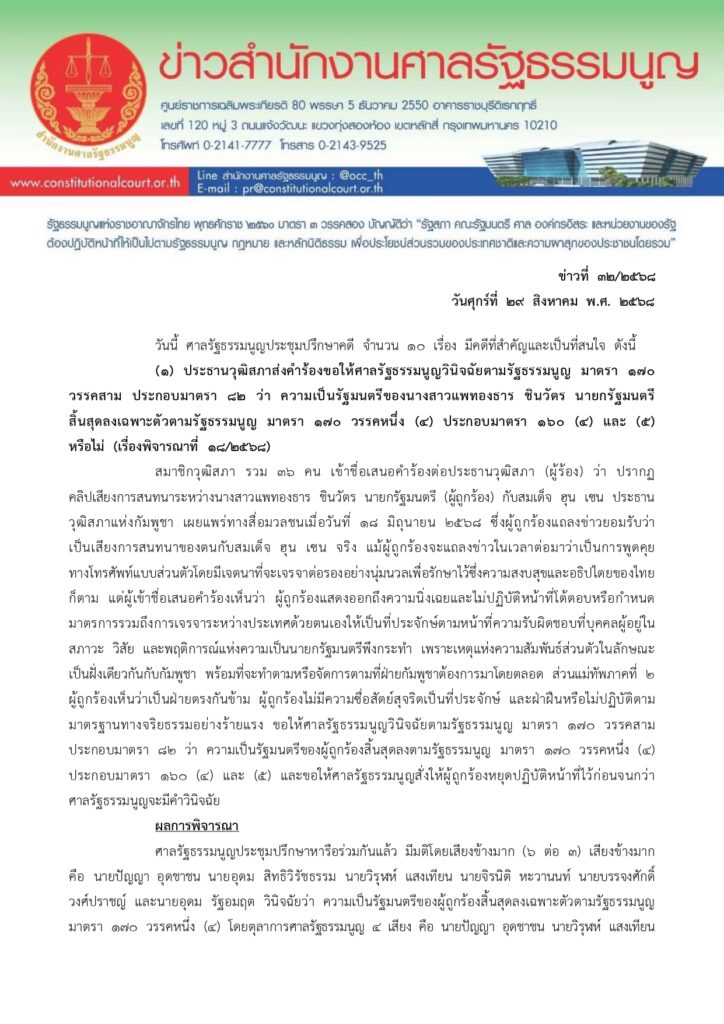 เปิดมติศาลศาลรัฐธรรมนูญ 6 ต่อ 3 แพทองธาร พ้นนายกฯ ส่งผล ครม.ทั้งชุดออก