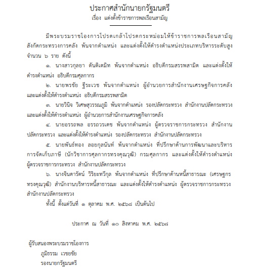 โปรดเกล้าฯแต่งตั้งข้าราชการระดับสูง กระทรวงการคลัง 6 ราย