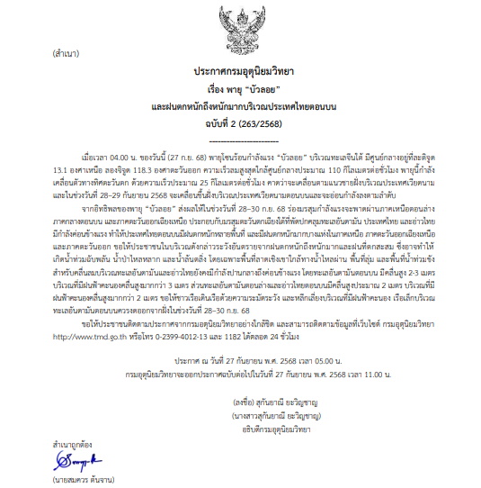 กรมอุตุฯ ประกาศเตือนพายุบัวลอย-ฝนตกหนัก