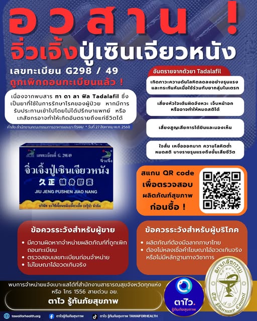 อย.สั่งเพิกถอนสมุนไพรชื่อดัง "จิ่วเจิ้งปู่เซินเจียวหนัง" พบสารทาดาลาฟิล 