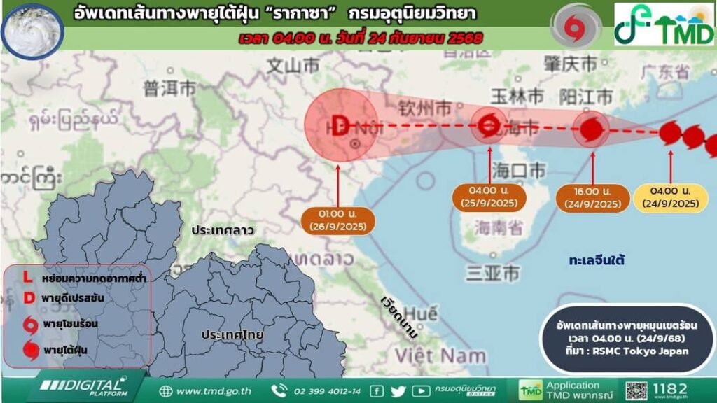 กรมอุตุฯ อัพเดตเส้นทางพายุไต้ฝุ่นรากาซา