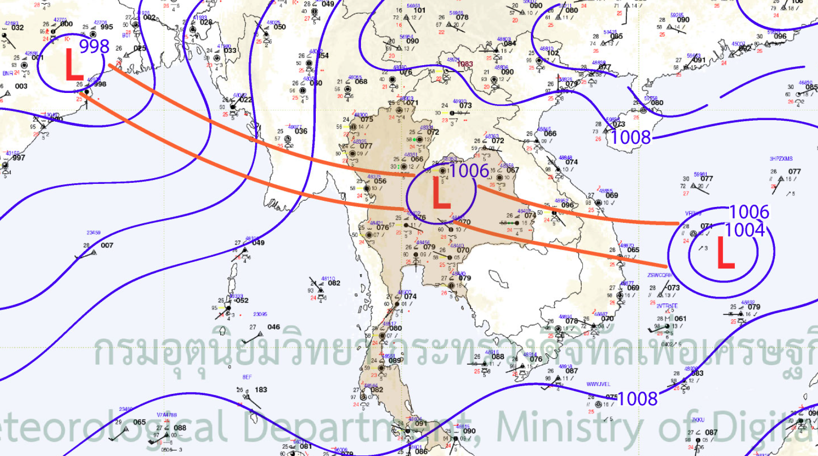 ร่องมรสุมพาดผ่านภาคเหนือตอนล่าง และภาคตะวันออกเฉียงเหนือ เข้าสู่หย่อมความกดอากาศต่ำบริเวณทะเลจีนใต้