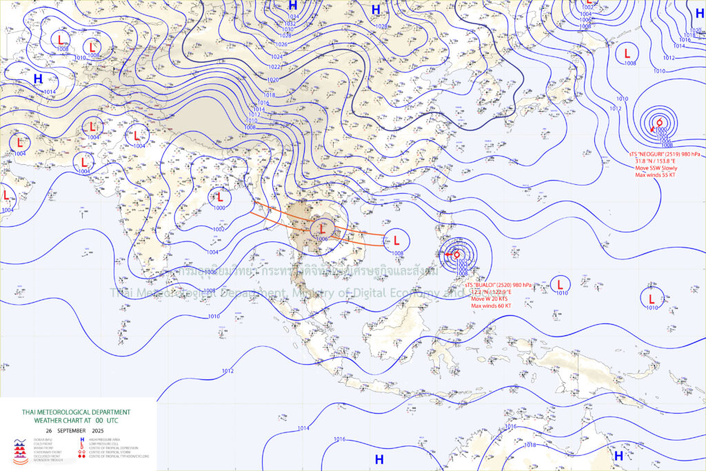 แผนที่อากาศผิวพื้น : ร่องมรสุมพาดผ่านภาคเหนือตอนบน และภาคตะวันออกเฉียงเหนือตอนบน