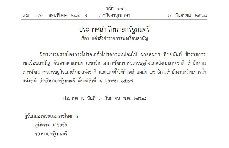 โปรดเกล้าฯ แต่งตั้ง "ดนุชา พิชยนันท์" เป็นเลขาฯ สนง.ทรัพยากรน้ำแห่งชาติ