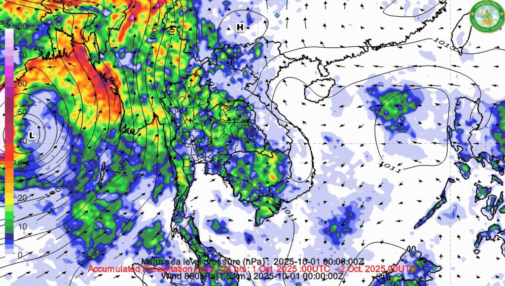 ทิศทางและความเร็วลมที่ระดับ 850hPa (1.5 กม.) จาก ECMWF init.2025093012: ช่วงวันที่ 1 - 15 ตุลาคม 2568 (สีแดงมวลอากาศร้อน สีน้ำเงินหมายถึงมวลอากาศเย็น)