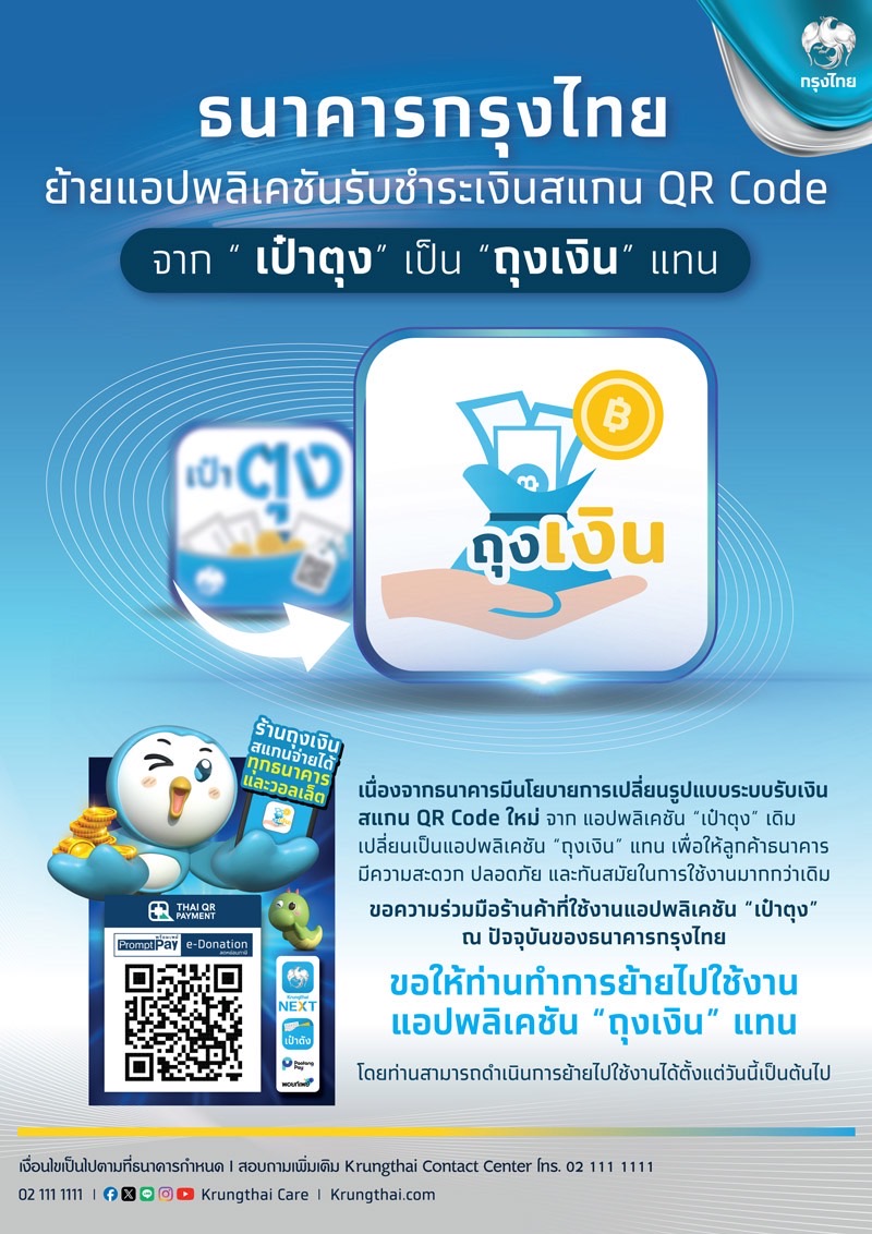 กรุงไทย ประกาศยุติให้บริการแอปฯ ”เป๋าตุง” แนะลูกค้าย้ายไปใช้ “ถุงเงิน” แทน