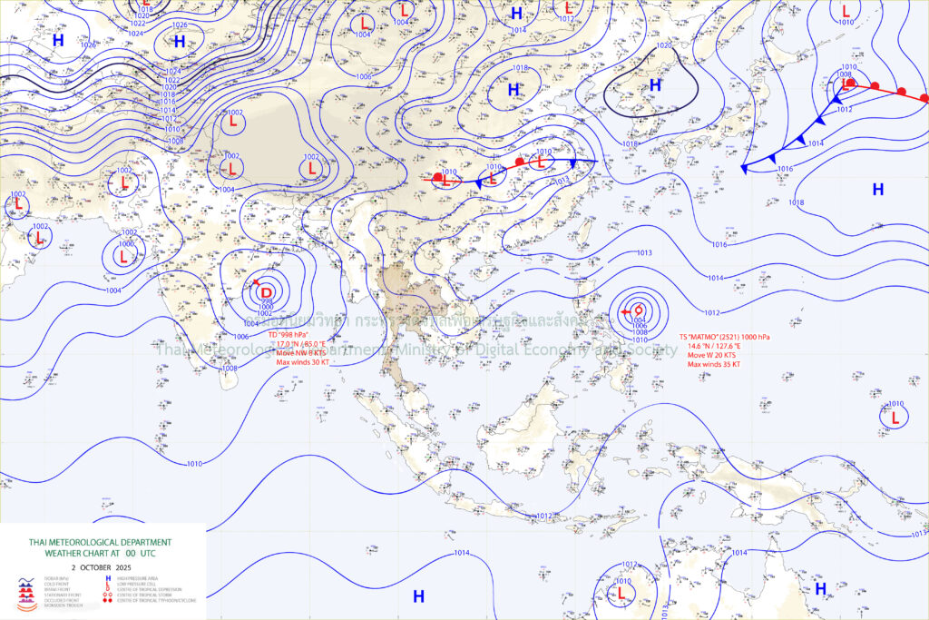 แผนที่อากาศผิวพื้น : มรสุมตะวันตกเฉียงใต้พัดปกคลุมประเทศไทย ประกอบกับมีพายุโซนร้อนแมตโมหรือมัตโม (MATMO) บริเวณด้านตะวันออกของประเทศฟิลิปปินส์