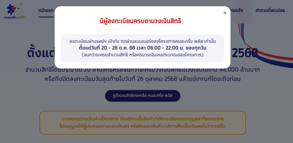 คนละครึ่งพลัส 20 ล้านสิทธิเต็มแล้ว
