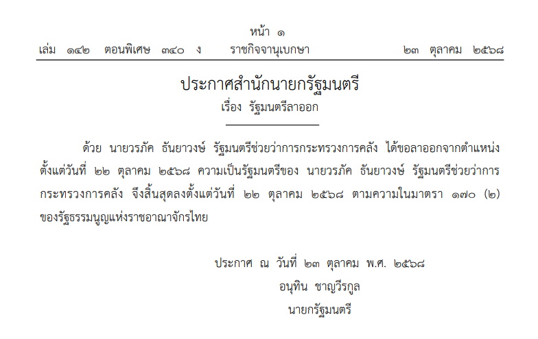 ราชกิจจาฯราชกิจจาฯประกาศให้ วรภัค ธันยาวงษ์ สิ้นสุดความเป็นรัฐมนตรี