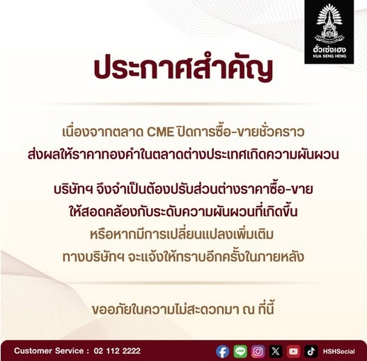 ด่วน ! ฮั่วเซ่งเฮง ปรับส่วนต่างราคาซื้อ-ขายทอง เหตุราคาตลาดโลกผันผวนหนัก