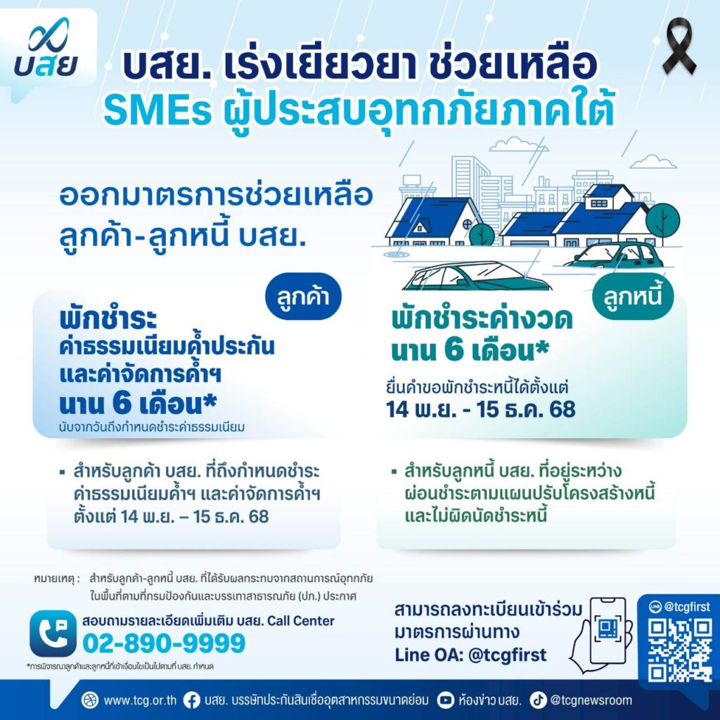 บสย. จัดมาตรการด่วน พักค่าธรรมเนียม-ค่างวด 6 เดือน ช่วย SMEs ภาคใต้ฝ่าวิกฤตน้ำท่วม