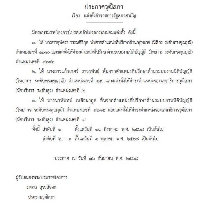 โปรดเกล้าฯ แต่งตั้งข้าราชการรัฐสภา