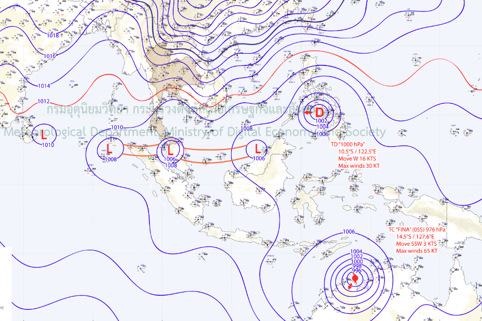แผนที่อากาศผิวพื้น:บริเวณความกดอากาศสูงหรือมวลอากาศเย็นปกคลุมประเทศไทยตอนบน และทะเลจีนใต้ และมีหย่อมความกดอากาศต่ำกำลังแรงปกคลุมบริเวณประเทศมาเลเซีย