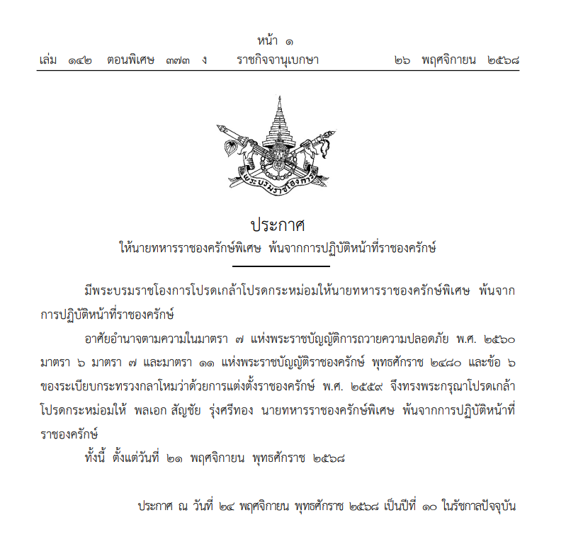 โปรดเกล้าฯให้ พลเอก สัญชัย รุ่งศรีทอง พ้นจากการปฏิบัติหน้าที่ราชองครักษ์