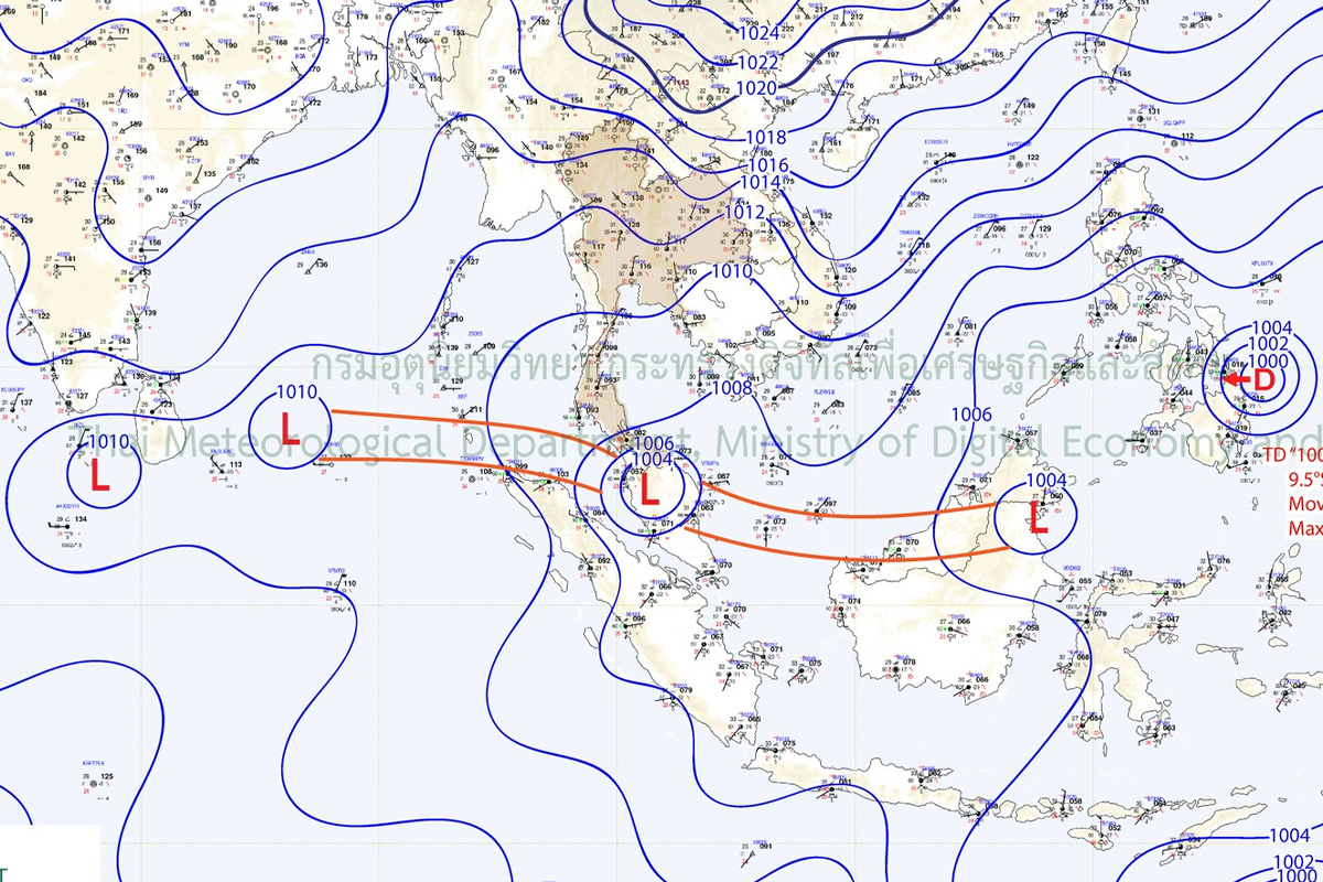 แผนที่อากาศผิวพื้น : บริเวณความกดอากาศสูงหรือมวลอากาศเย็นปกคลุมประเทศไทยตอนบน และทะเลจีนใต้ และ มีหย่อมความกดอากาศต่ำกำลังแรงปกคลุมบริเวณประเทศมาเลเซีย
