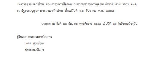 โปรดเกล้าฯเรียกประชุมสมัยวิสามัญแห่งรัฐสภา 24 ธ.ค. 2568 