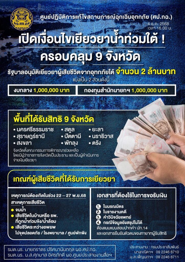 เปิดเงื่อนไขเยียวยาน้ำท่วมภาคใต้
