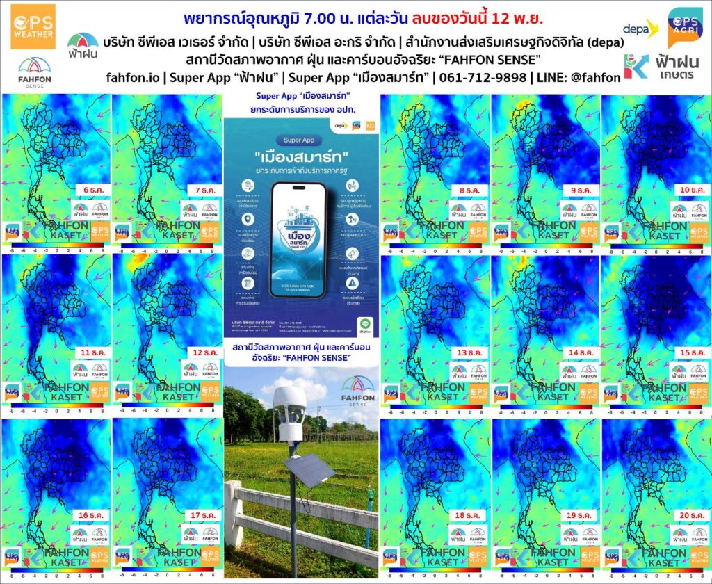 รูปนี้แสดงพยากรณ์อุณหภูมิเวลา 7.00 น. ของแต่ละวัน ลบด้วยของวันที่ 12 พ.ย.