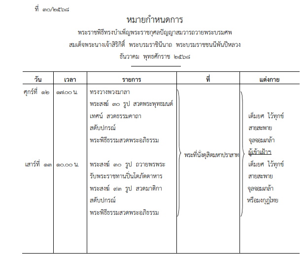 หมายกำหนดการทรงบำเพ็ญพระราชกุศลสมวารถวายพระบรมศพ สมเด็จพระนางเจ้าสิริกิติ์ พระบรมราชินีนาถ พระบรมราชชนนีพันปีหลวง วันที่ 12 ธันวาคม 2568