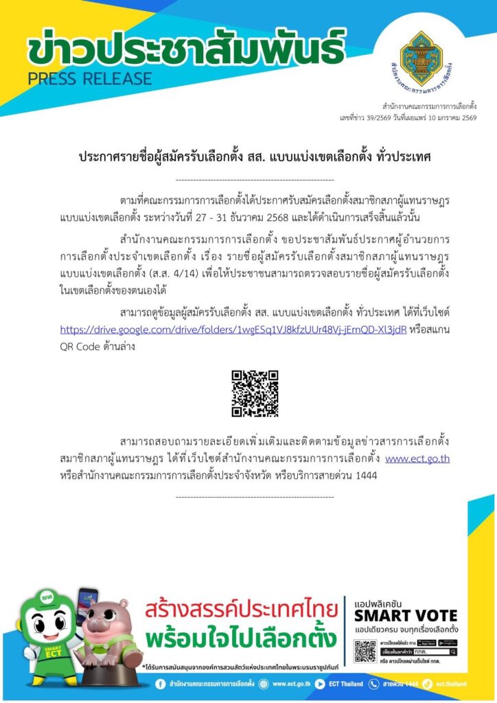เปิดรายชื่อผู้สมัคร สส.เลือกตั้ง 2569