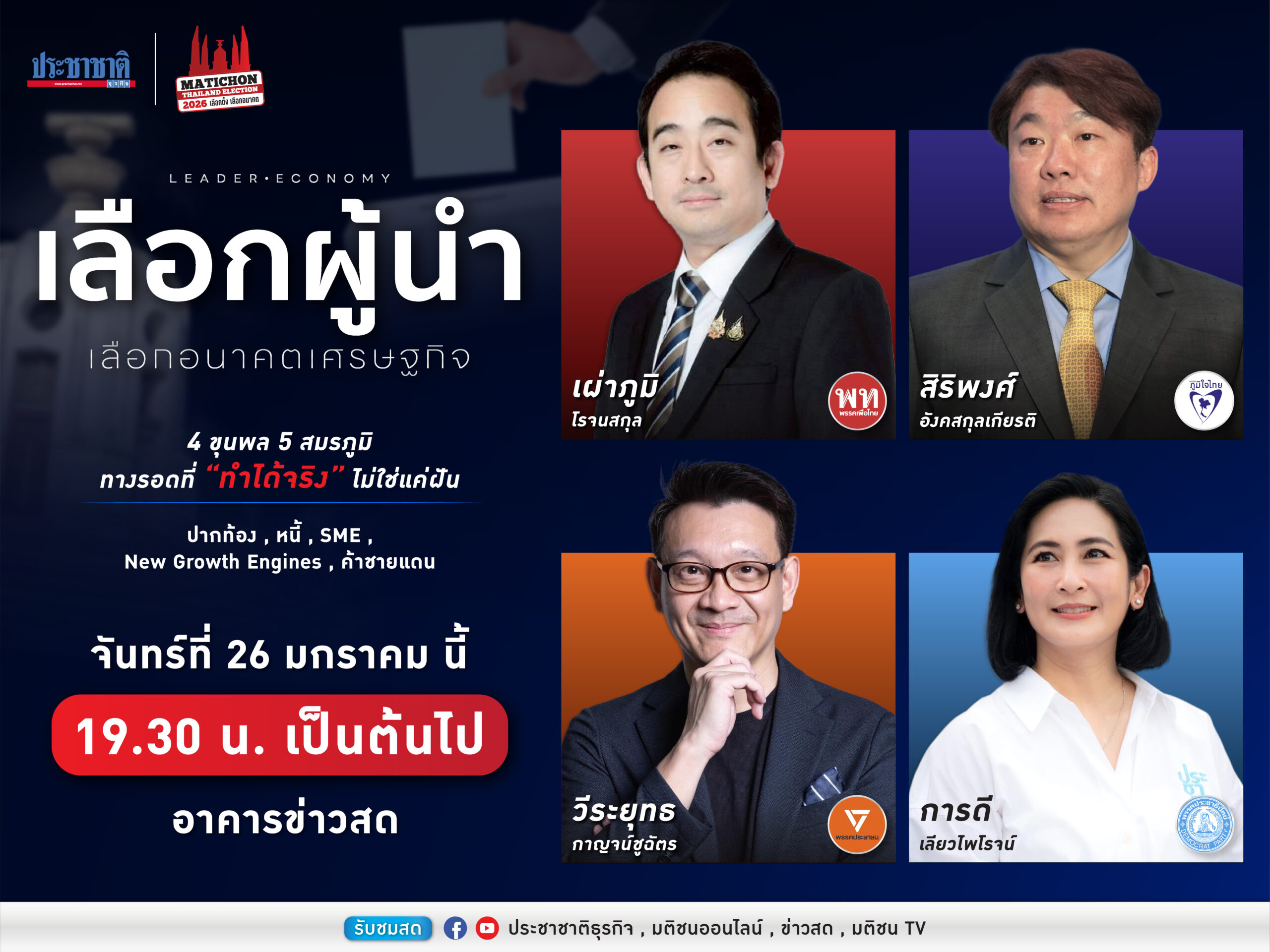 26 ม.ค. ประชันวิสัยทัศน์ 4 ขุนพลเศรษฐกิจ “เลือกผู้นำ เลือกอนาคตเศรษฐกิจ”