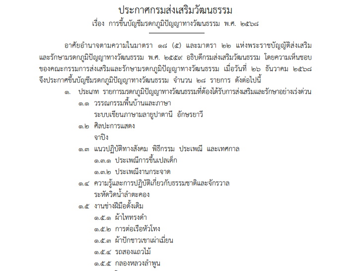 ราชกิจจาฯประกาศ ขึ้นทะเบียน มรดกภูมิปัญญาทางวัฒนธรรมใหม่ 28 รายการ