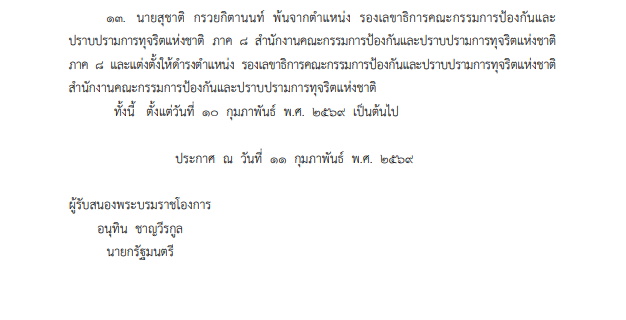 ราชกิจจาฯประกาศ แต่งตั้งข้าราชการระดับสูง สำนักงาน ป.ป.ช. 13 ราย
