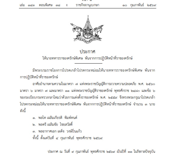ราชกิจจานุเบกษา เผยแพร่พระบรมราชโองการโปรดเกล้าฯ ให้ 3 นายพล พ้นจากการปฏิบัติหน้าที่ราชองครักษ์